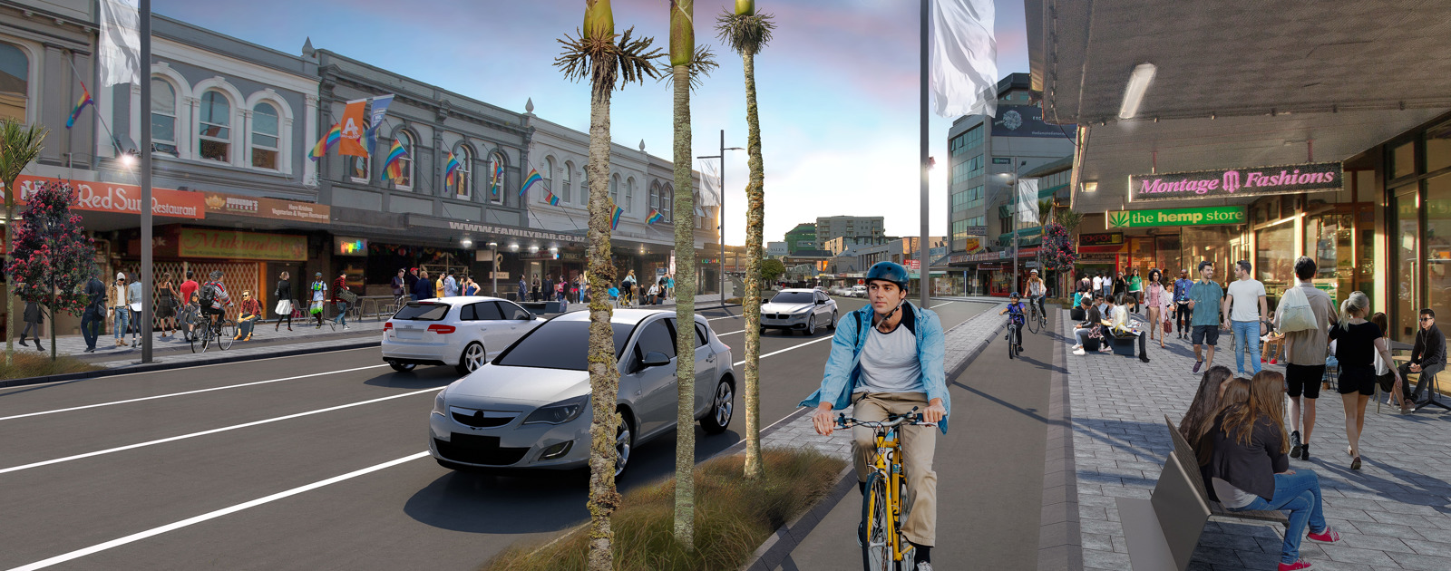 Artist’s impression of the new K-Road with cycleways and new trees.