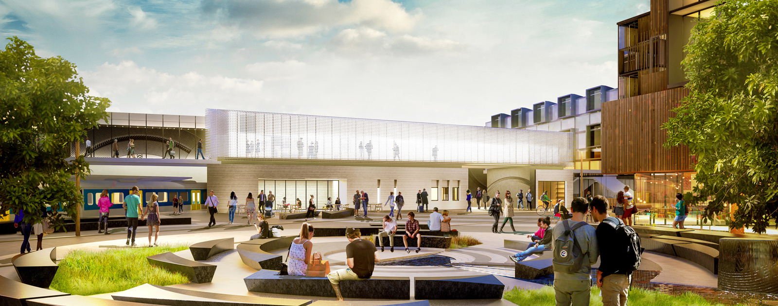 Artist’s impression of the public seating area outside the new train station.