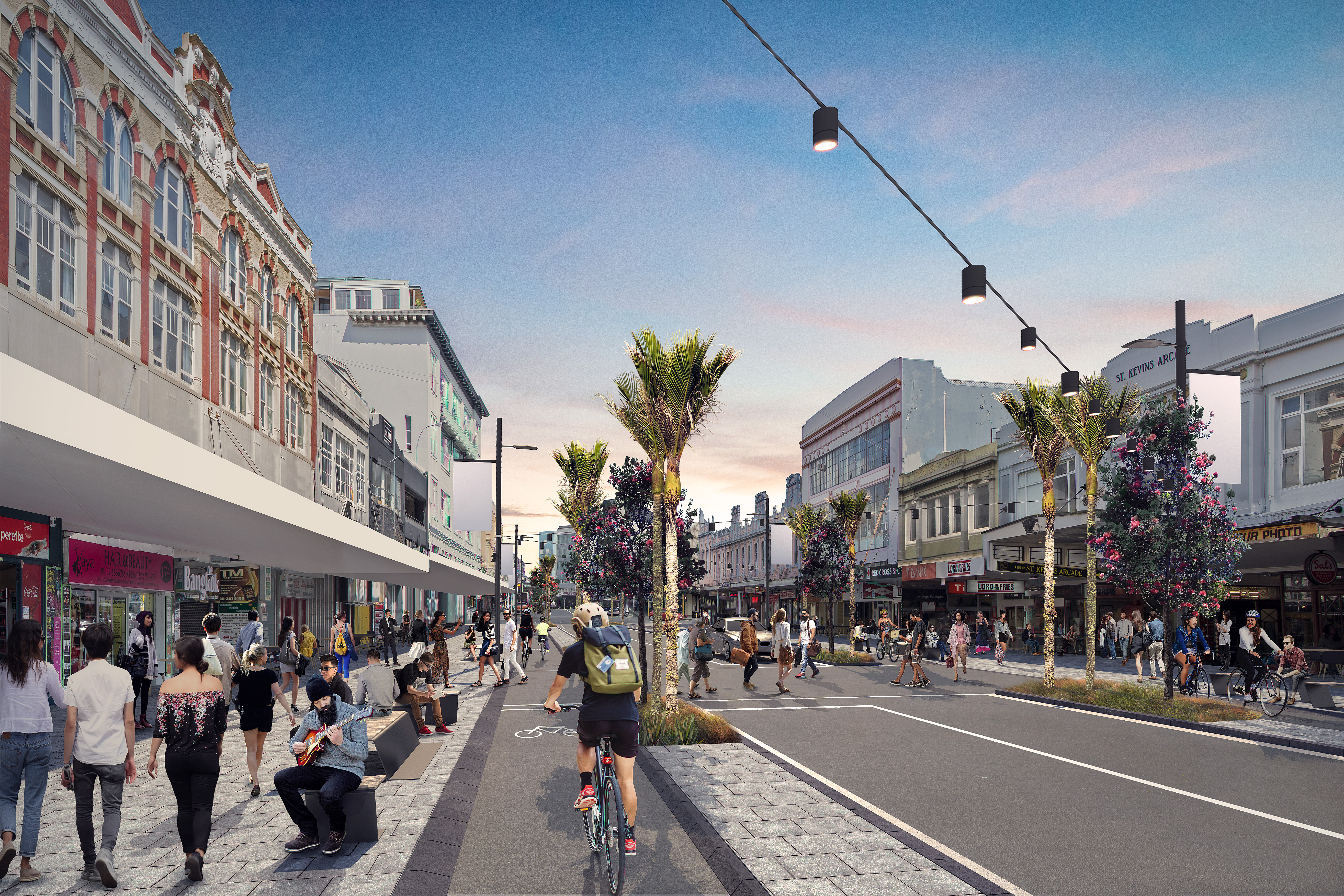 Artist’s impression of the new K-Road with cycleways and new trees.