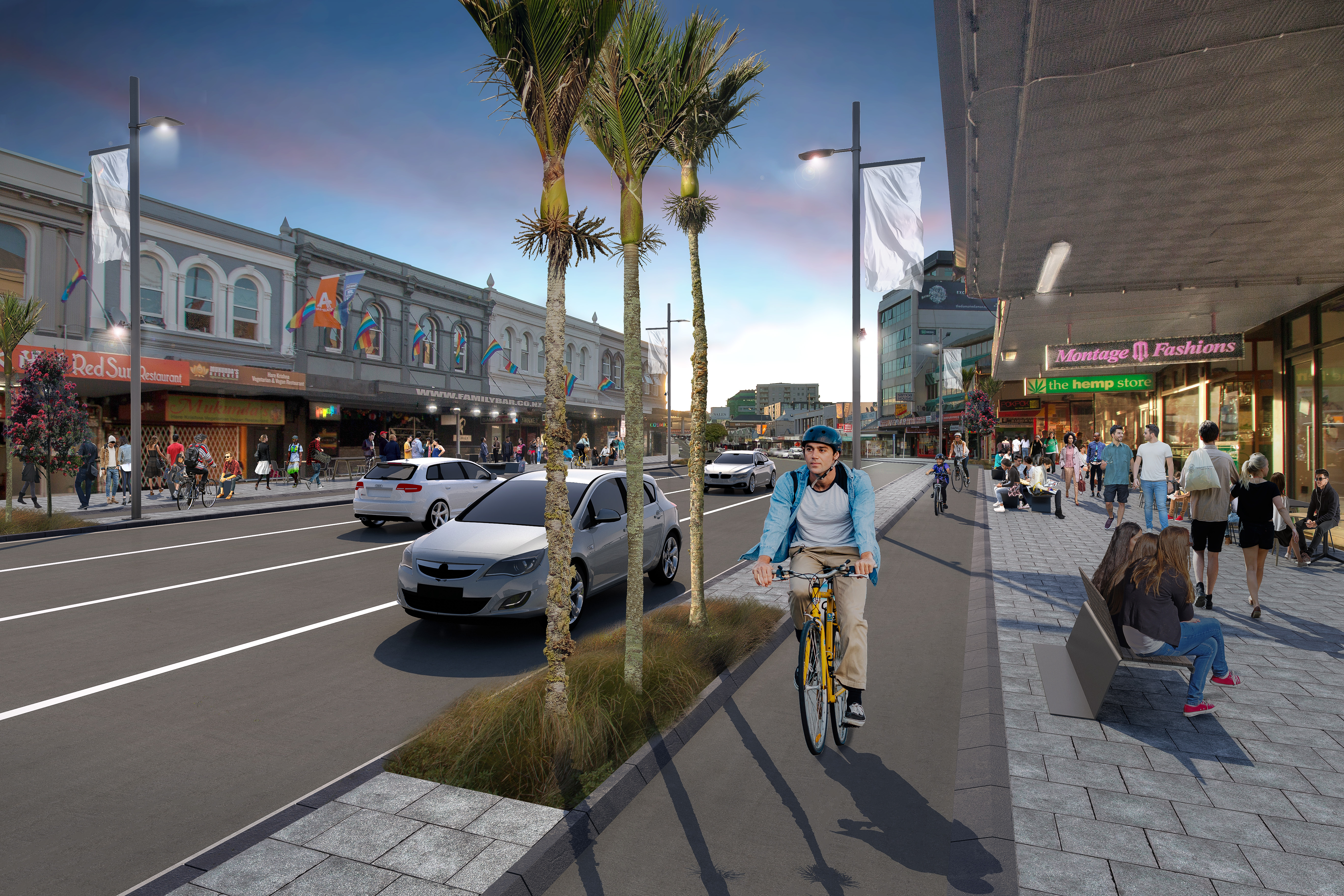 Artist’s impression of the new K-Road with cycleways and new trees.